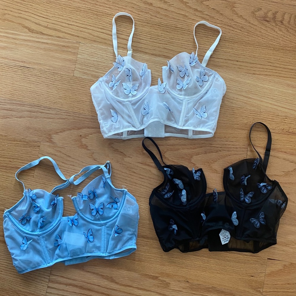 Butterfly Embroidered Bralette Set - Blue, Black, White